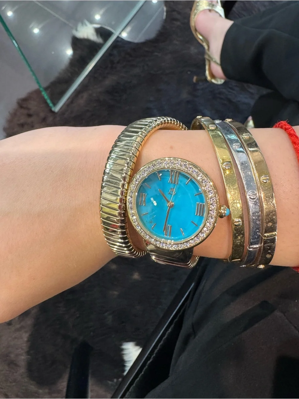 Colleen Lopez Turquoise Gemstone Dial Gold-Tone Coil Wrap Watch